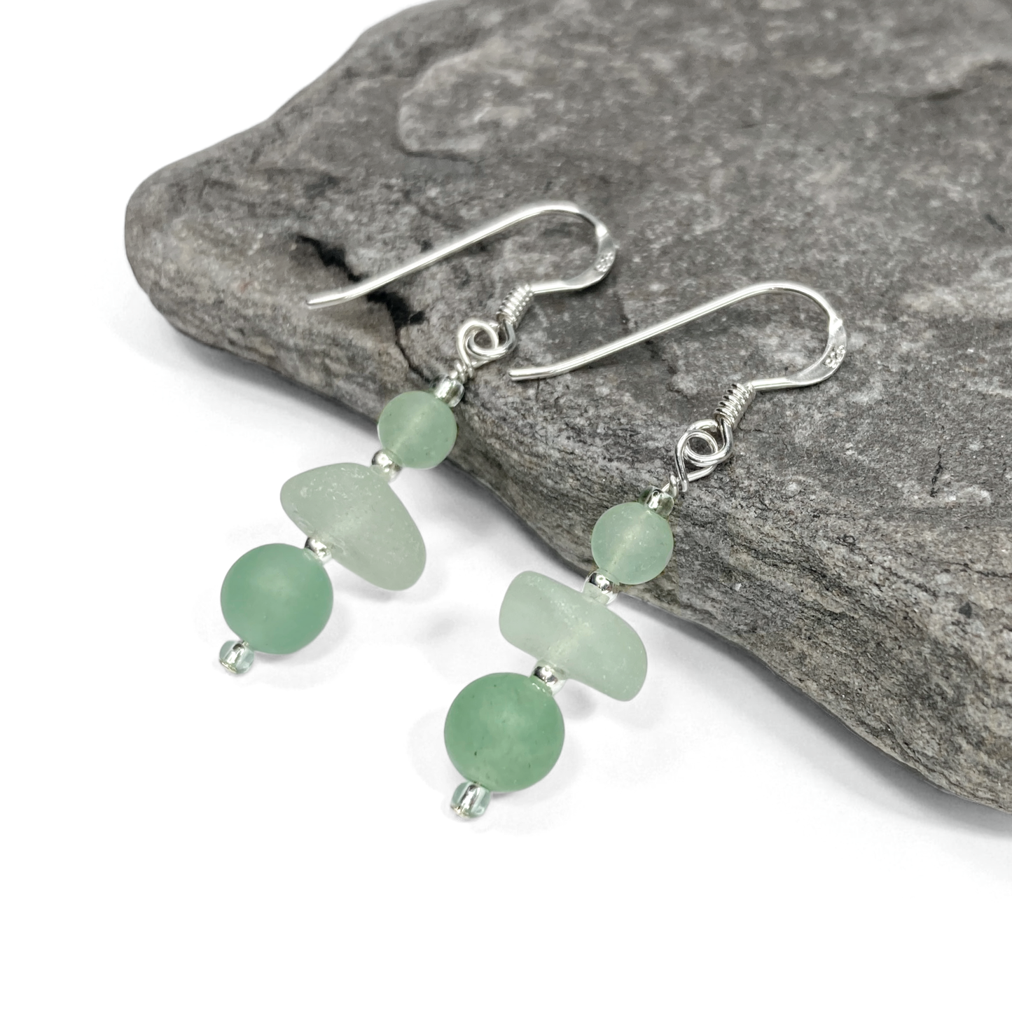 Sea Glass Earrings - Beaded - Green Aventurine Crystal
