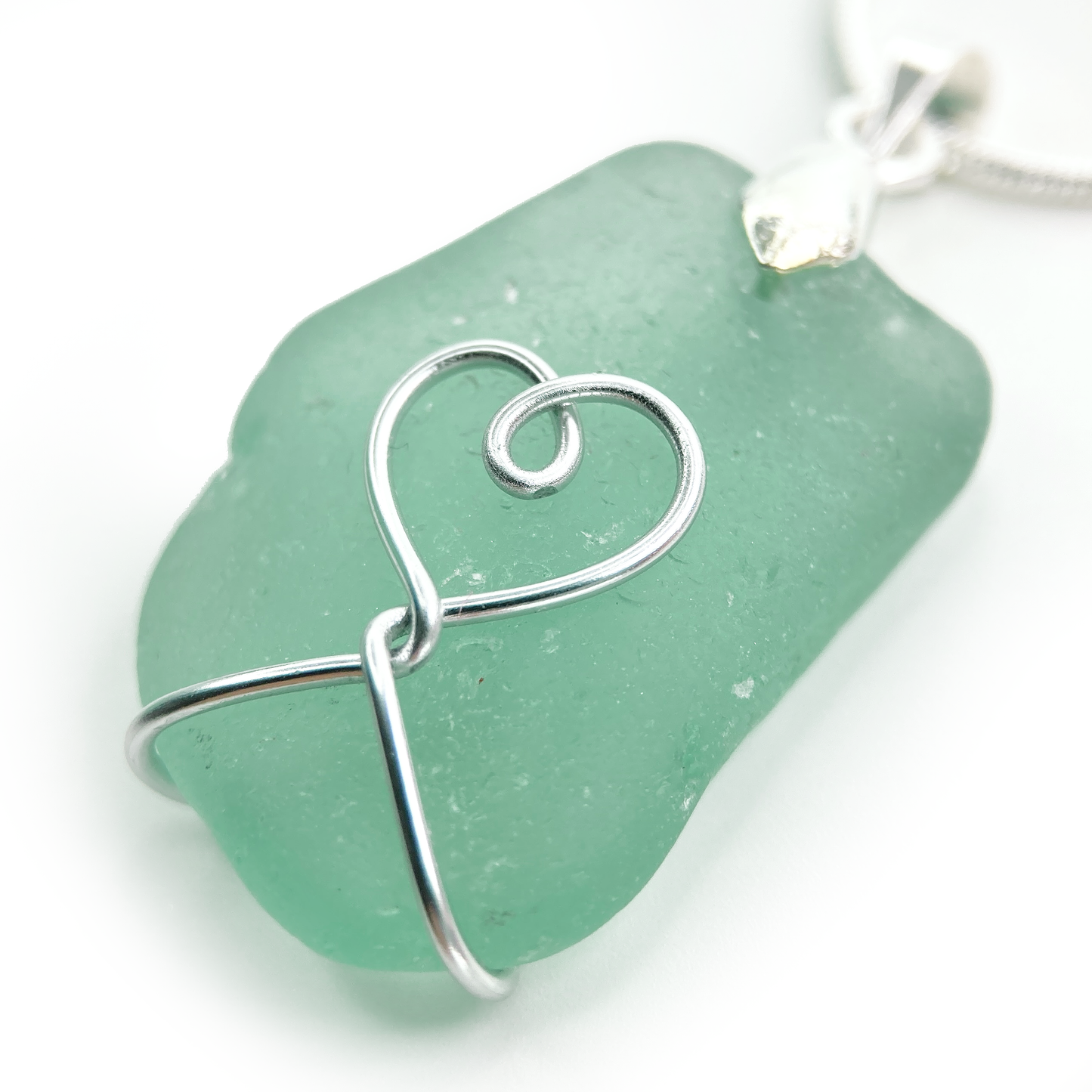 Sea Glass Pendant - Aqua Green Heart Wire Wrapped Necklace - Scottish Silver Jewellery