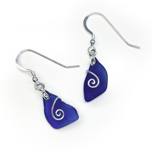 Sea Glass Earrings - Blue Celtic Silver Wire Wrapped Jewellery