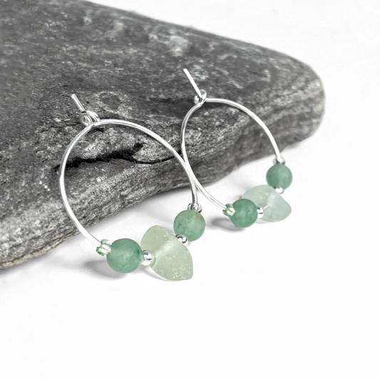 Sea Glass Hoop Earrings - Small - Green Aventurine Crystal