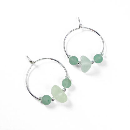 Sea Glass Hoop Earrings - Small - Green Aventurine Crystal
