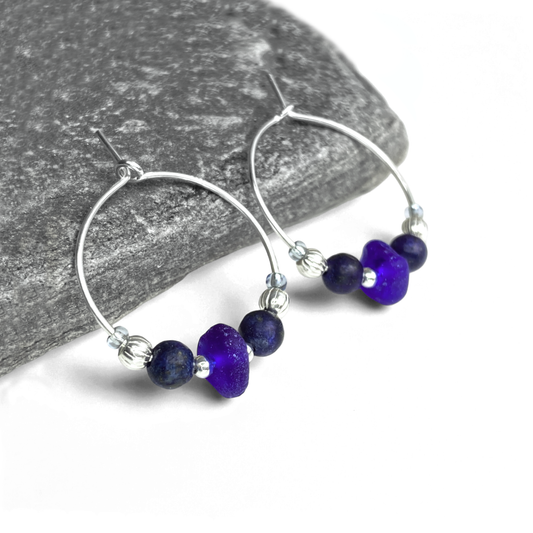 Sea Glass Hoop Earrings - Small - Blue Lapis Lazuli Crystal