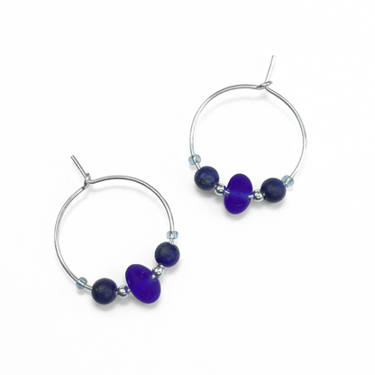 Sea Glass Hoop Earrings - Small - Blue Lapis Lazuli Crystal