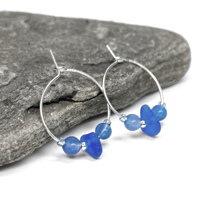 Sea Glass Hoop Earrings - Small - Blue Onyx Crystal