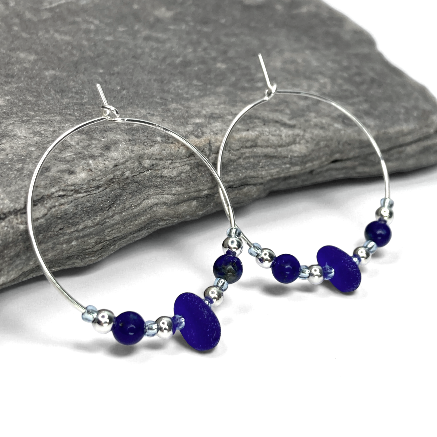 Sea Glass Hoop Earrings - Large - Blue Lapis Lazuli Crystal