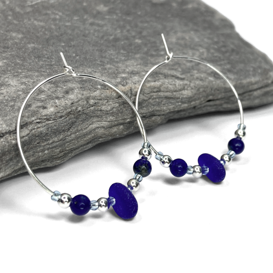 Sea Glass Hoop Earrings - Large - Blue Lapis Lazuli Crystal