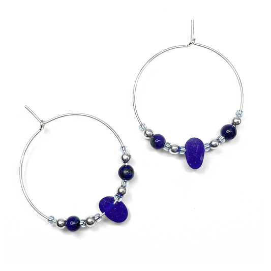 Sea Glass Hoop Earrings - Large - Blue Lapis Lazuli Crystal