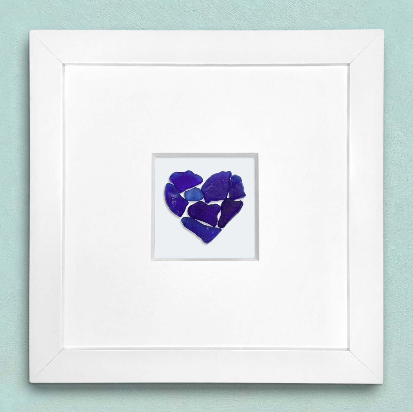 Tiny Framed Sea Glass Heart - Cobalt Blue Scottish Beach Glass Coastal Wall Art