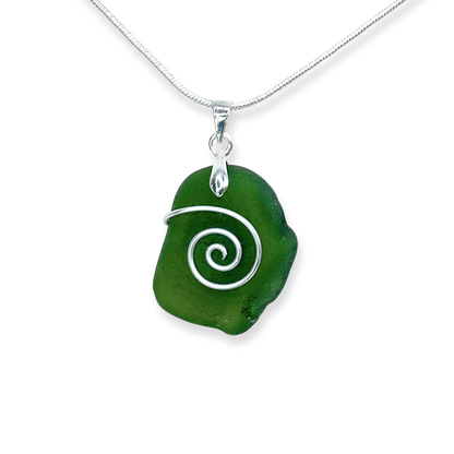 Sea Glass Necklace - Olive Green Celtic Wire Wrapped Pendant - Scottish Silver Jewellery