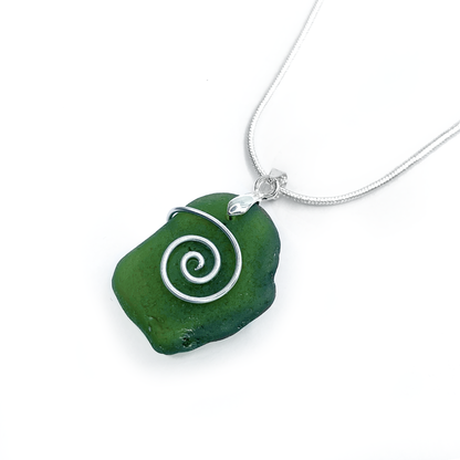 Sea Glass Necklace - Olive Green Celtic Wire Wrapped Pendant - Scottish Silver Jewellery
