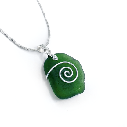 Sea Glass Necklace - Olive Green Celtic Wire Wrapped Pendant - Scottish Silver Jewellery