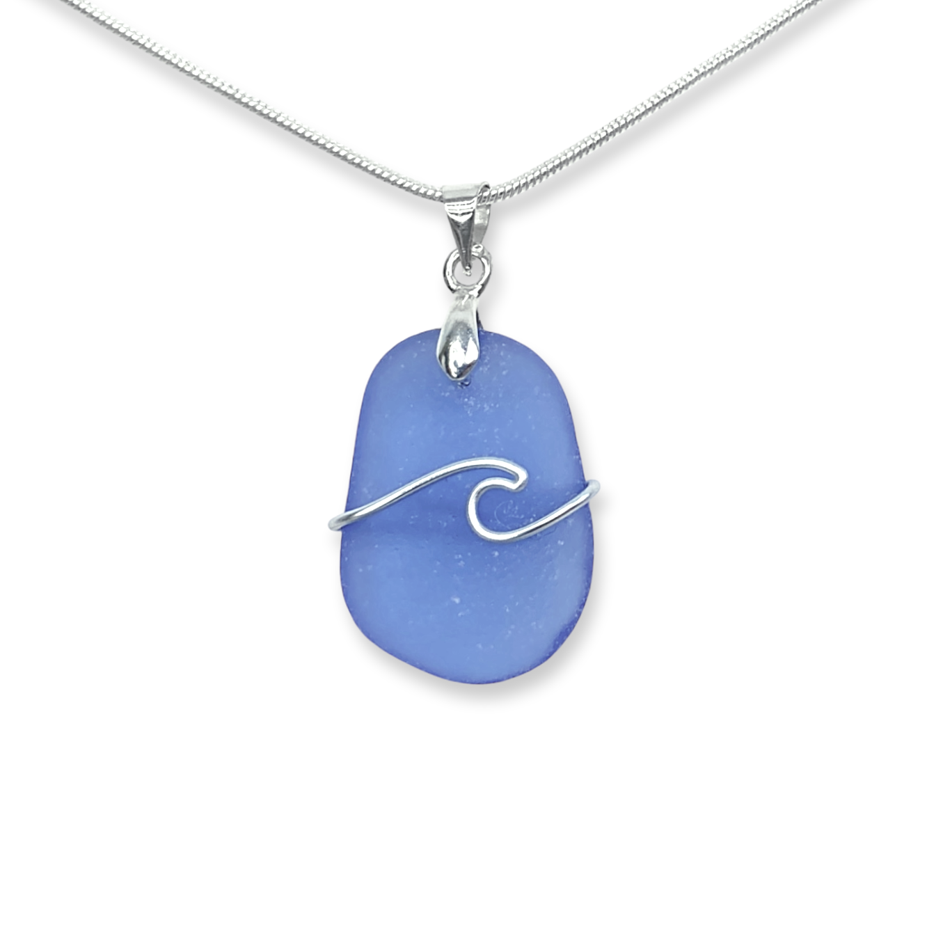 Sea Glass Necklace - Pale Blue Wave Wire Wrapped Pendant - Scottish Silver Jewellery