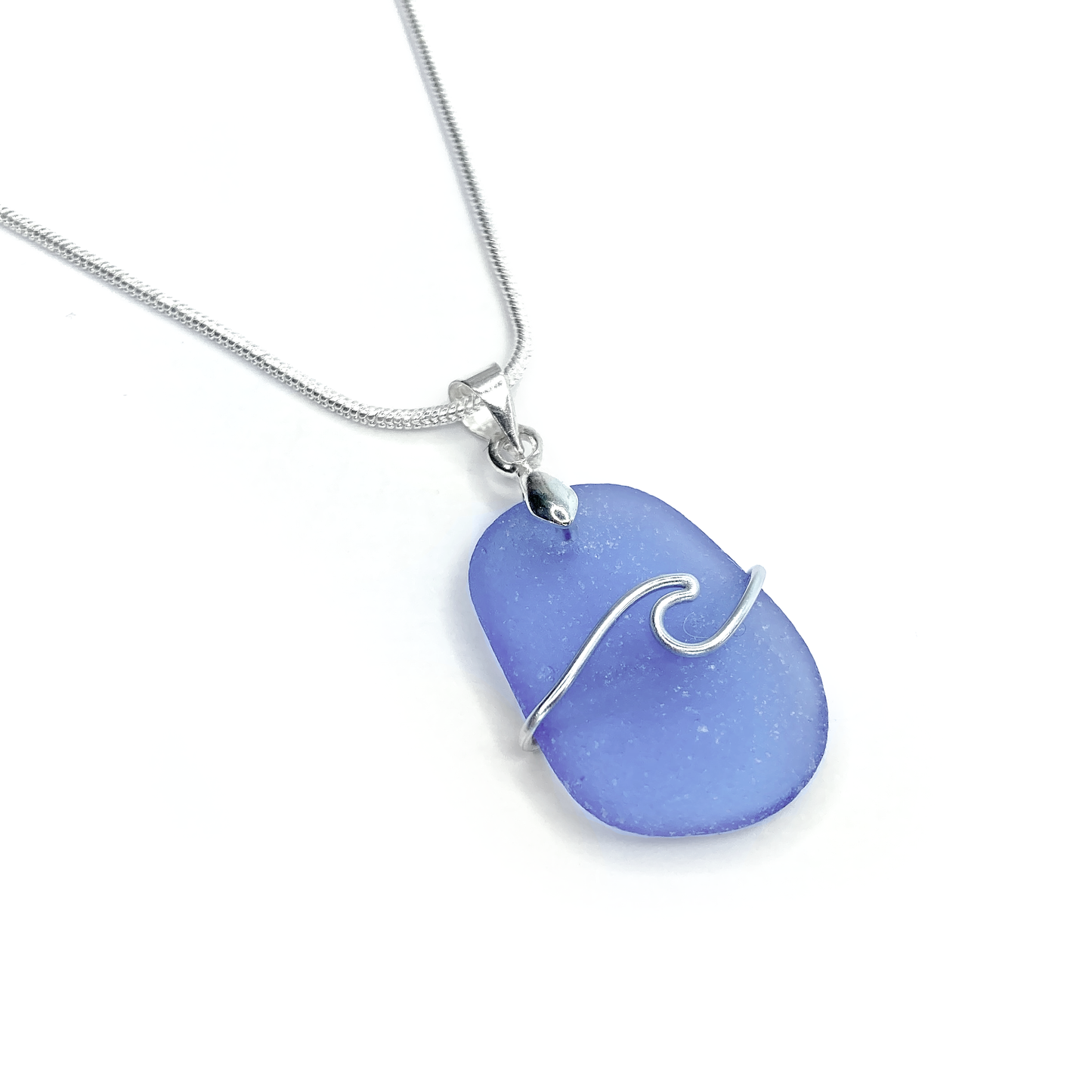 Sea Glass Necklace - Pale Blue Wave Wire Wrapped Pendant - Scottish Silver Jewellery