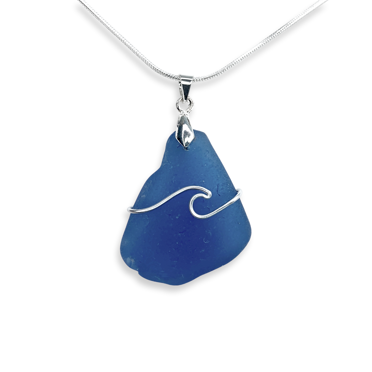 Sea Glass Necklace - Pale Blue Wave Wire Wrapped Pendant - Scottish Silver Jewellery