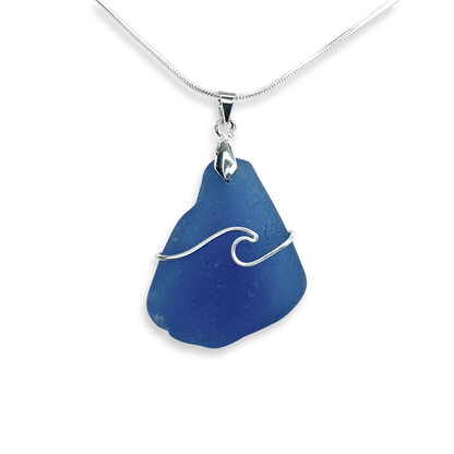 Sea Glass Necklace - Pale Blue Wave Wire Wrapped Pendant - Scottish Silver Jewellery