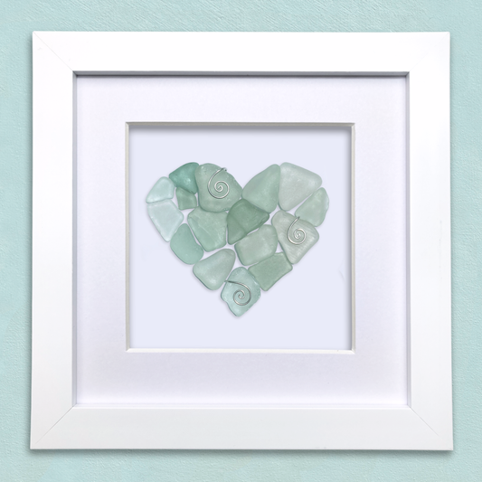 Framed Sea Glass Heart - Green Scottish Beach Glass Coastal Wall Art