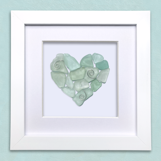 Framed Sea Glass Heart - Green Scottish Beach Glass Coastal Wall Art