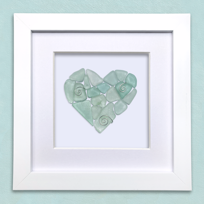 Framed Sea Glass Heart - Green Scottish Beach Glass Coastal Wall Art