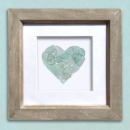 Framed Sea Glass Heart - Green Scottish Beach Glass Coastal Wall Art