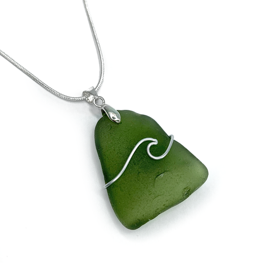 Sea Glass Necklace - Olive Green Wave Wire Wrapped Pendant - Scottish Silver Jewellery