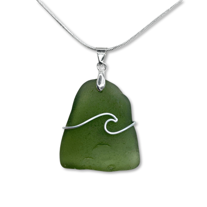 Sea Glass Necklace - Olive Green Wave Wire Wrapped Pendant - Scottish Silver Jewellery