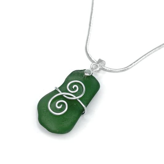 Sea Glass Necklace - Olive Green 'Friendship' Interlocking Spirals Pendant - Silver Scottish Beach Jewellery