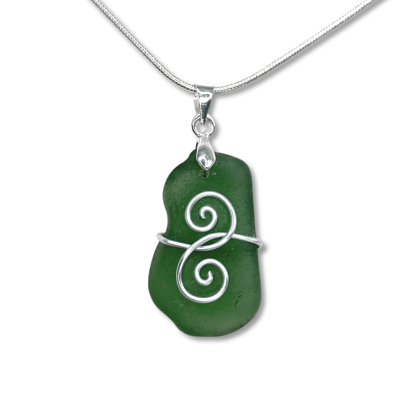 Sea Glass Necklace - Olive Green 'Friendship' Interlocking Spirals Pendant - Silver Scottish Beach Jewellery