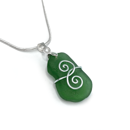 Sea Glass Necklace - Olive Green 'Friendship' Interlocking Spirals Pendant - Silver Scottish Beach Jewellery