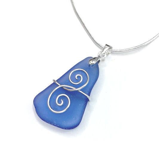 Tumbled Glass Necklace - Pale Blue 'Friendship' Interlocking Spirals Pendant - Scottish Silver Jewellery