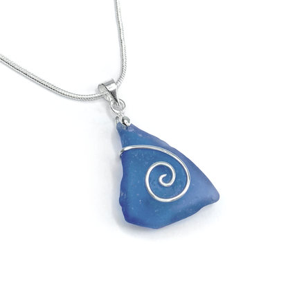 Sea Glass Necklace - Rare Blue Celtic Wire Wrapped Pendant - Scottish Silver Jewellery