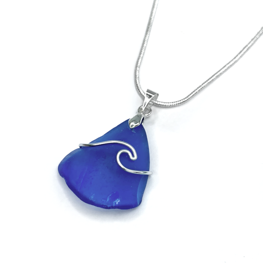 Sea Glass Necklace - Rare Blue Wave Wire Wrapped Pendant - Scottish Silver Jewellery
