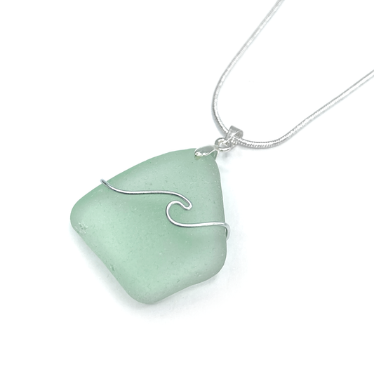 Sea Glass Necklace - Aqua Green Wave Wire Wrapped Pendant - Scottish Silver Jewellery