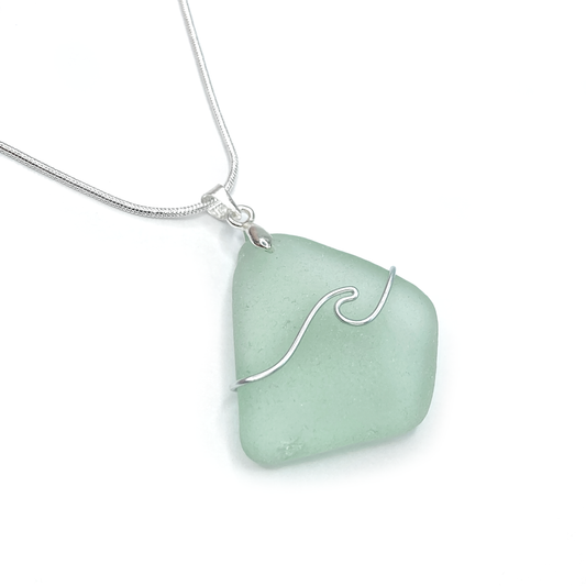 Sea Glass Necklace - Aqua Green Wave Wire Wrapped Pendant - Scottish Silver Jewellery