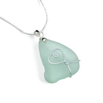 Sea Glass Necklace - Aqua Green Heart Wire Wrapped Pendant - Scottish Silver Jewellery