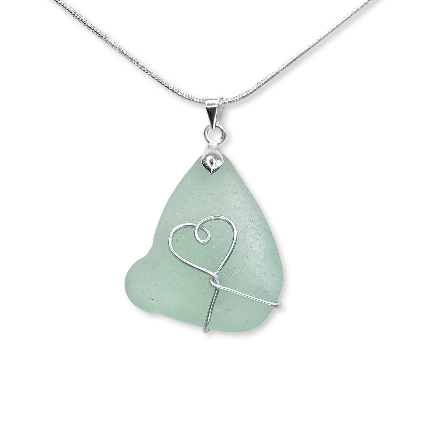 Sea Glass Necklace - Aqua Green Heart Wire Wrapped Pendant - Scottish Silver Jewellery