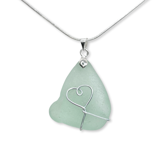 Sea Glass Necklace - Aqua Green Heart Wire Wrapped Pendant - Scottish Silver Jewellery