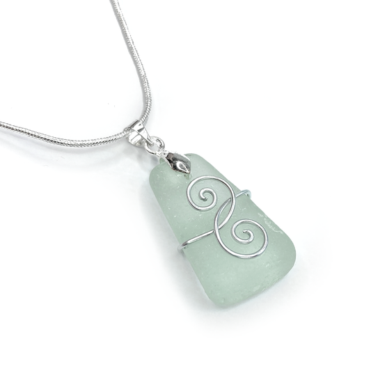 Sea Glass Necklace - Aqua Green 'Friendship' Interlocking Spirals Pendant - Silver Scottish Beach Jewellery