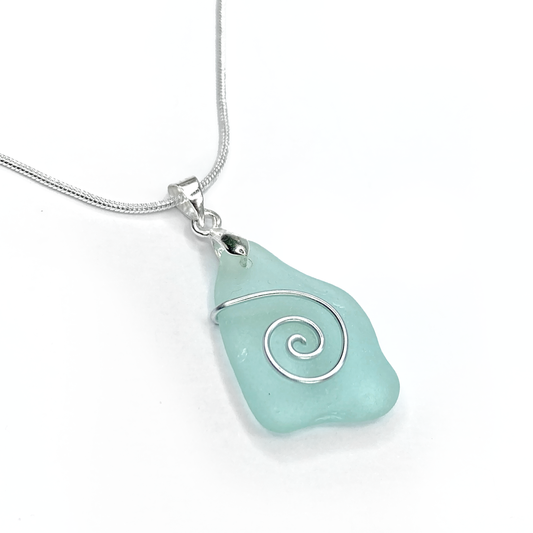 Sea Glass Necklace - Aqua Blue Celtic Wire Wrapped Pendant - Scottish Silver Jewellery