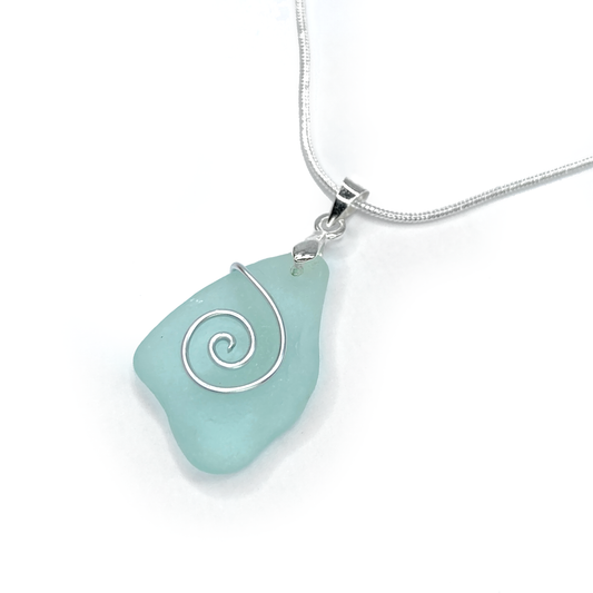 Sea Glass Necklace - Aqua Blue Celtic Wire Wrapped Pendant - Scottish Silver Jewellery