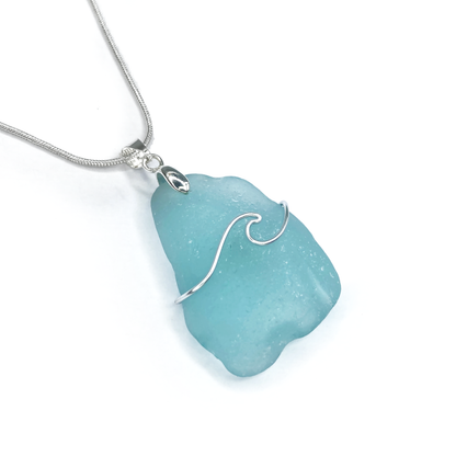 Sea Glass Necklace - Pale Turquoise Blue Wave Wire Wrapped Pendant - Scottish Silver Jewellery