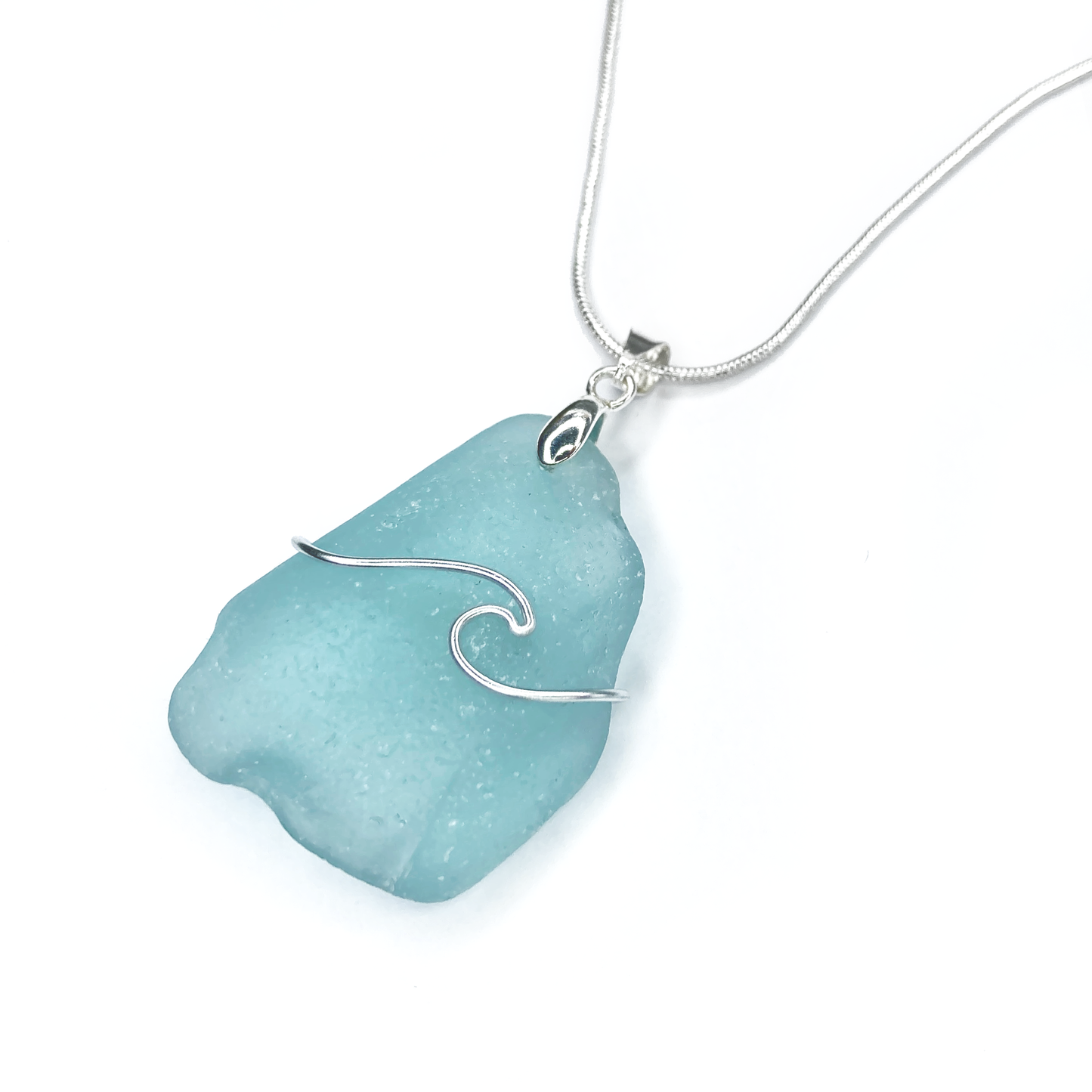 Sea Glass Necklace - Pale Turquoise Blue Wave Wire Wrapped Pendant - Scottish Silver Jewellery