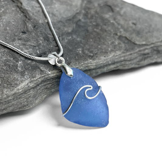 Sea Glass Necklace - Rare Blue Wave Wire Wrapped Pendant - Scottish Silver Jewellery