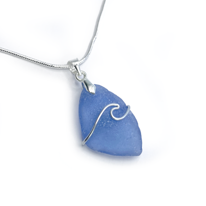 Sea Glass Necklace - Rare Blue Wave Wire Wrapped Pendant - Scottish Silver Jewellery