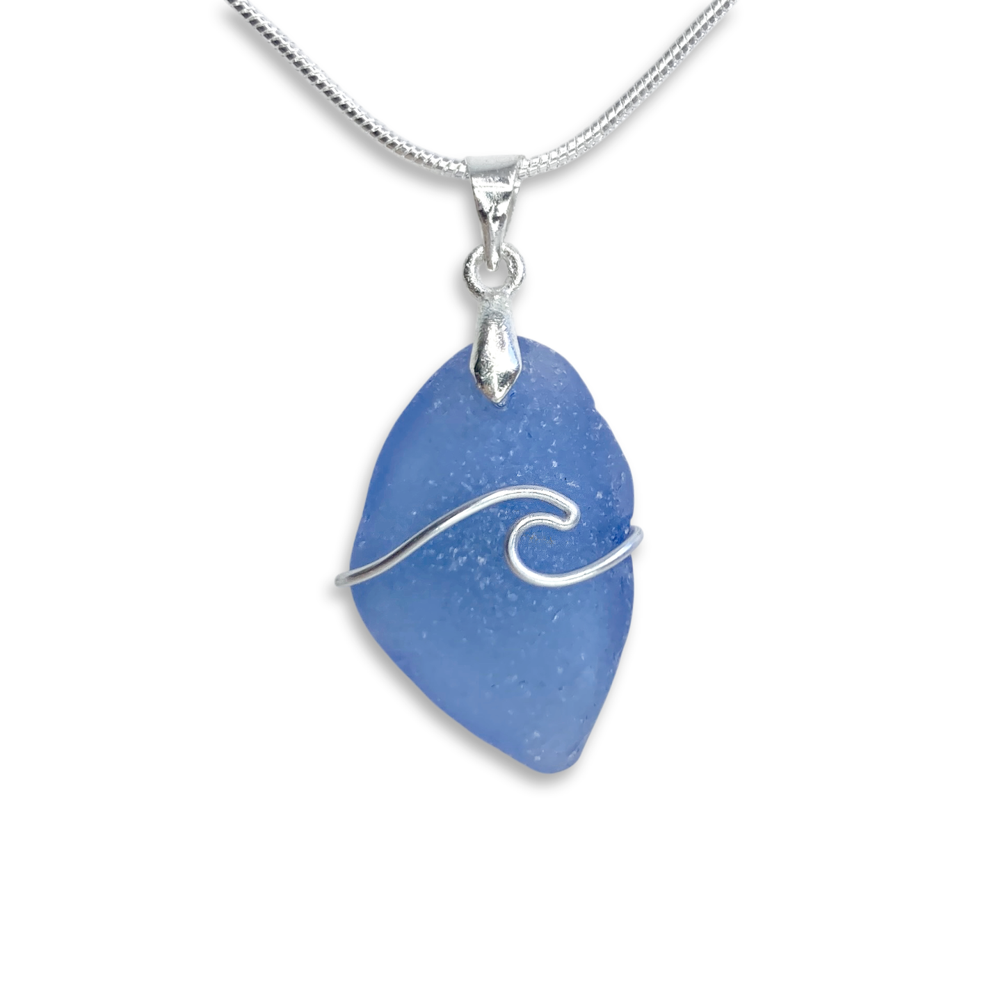 Sea Glass Necklace - Rare Blue Wave Wire Wrapped Pendant - Scottish Silver Jewellery