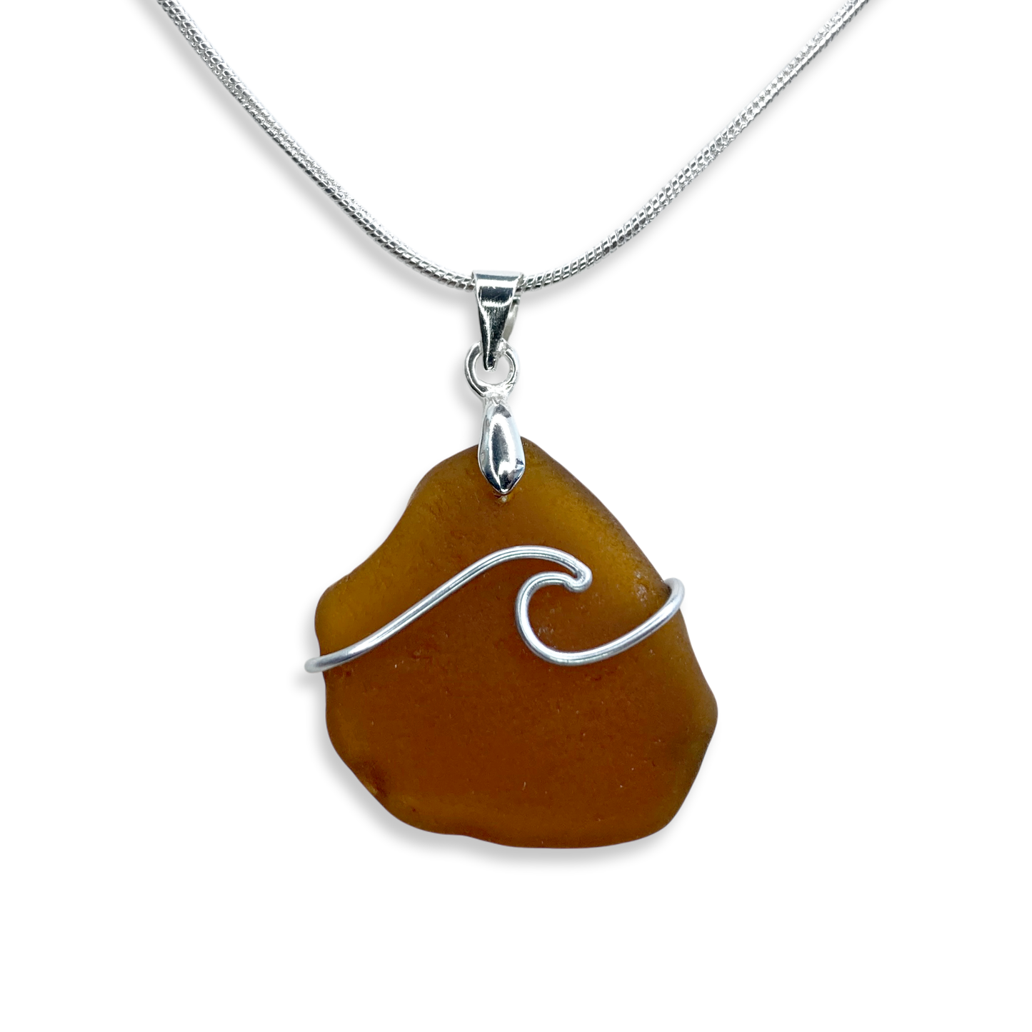 Sea Glass Pendant - Amber Brown Wave Wire Wrapped Necklace - Scottish Silver Jewellery