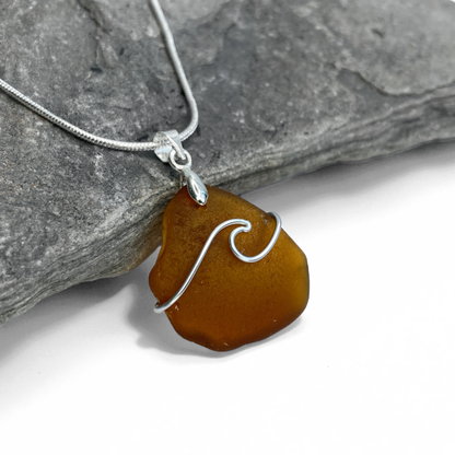 Sea Glass Pendant - Amber Brown Wave Wire Wrapped Necklace - Scottish Silver Jewellery