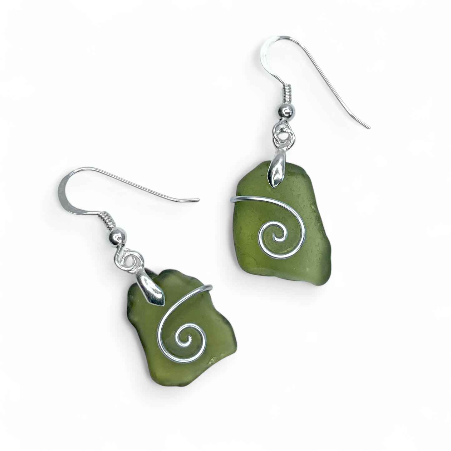 Sea Glass Earrings - Olive Celtic Wire Wrapped Jewellery