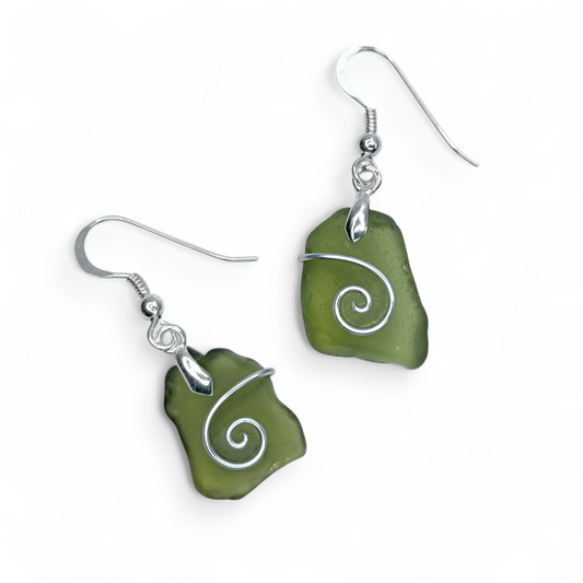Sea Glass Earrings - Olive Celtic Wire Wrapped Jewellery