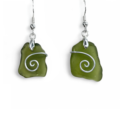Sea Glass Earrings - Olive Celtic Wire Wrapped Jewellery