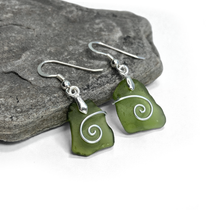 Sea Glass Earrings - Olive Celtic Wire Wrapped Jewellery